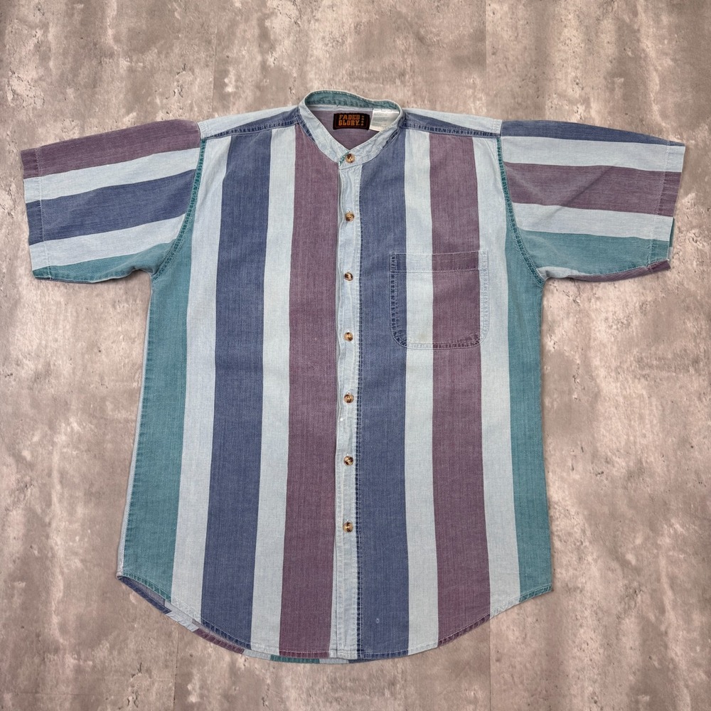 Vintage Faded Glory Shirt Mens Medium Striped Cotton Pocket Single Stich USA